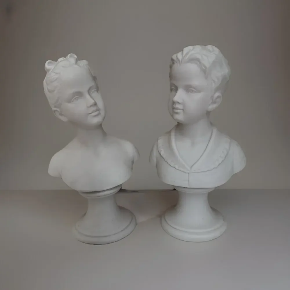 Vintage Napco White Ceramic Boy and Girl Bust Figurines Sculptures 6.75”